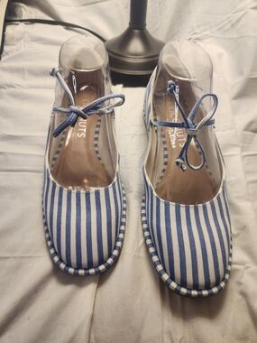 Coconuts by Matisse Blue and White Striped Ankle Tie Flats 8